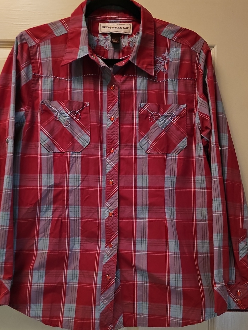 Bit & Bridle Red and Light Blue Plaid Western Button-Down Shirt